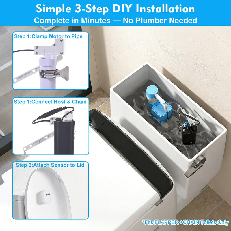 Automatic Toilet Flusher for Side, Front & Angled Mount Flapper Toilets | Touchless toilet flush kit with 12-16 in infrared sensing and rechargeable power while keeping the manual handle functional.