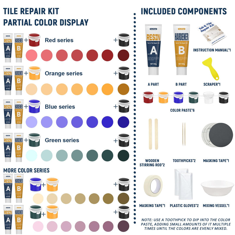 Tile & Bathtub Repair Kit (Color Match, 6-Color, 80g x 2, Total 160g), Porcelain Ceramic, Fixes Chips Dents Cracks Scratches for Marble Acrylic Fiberglass Granite Countertops & Bath Surfaces White