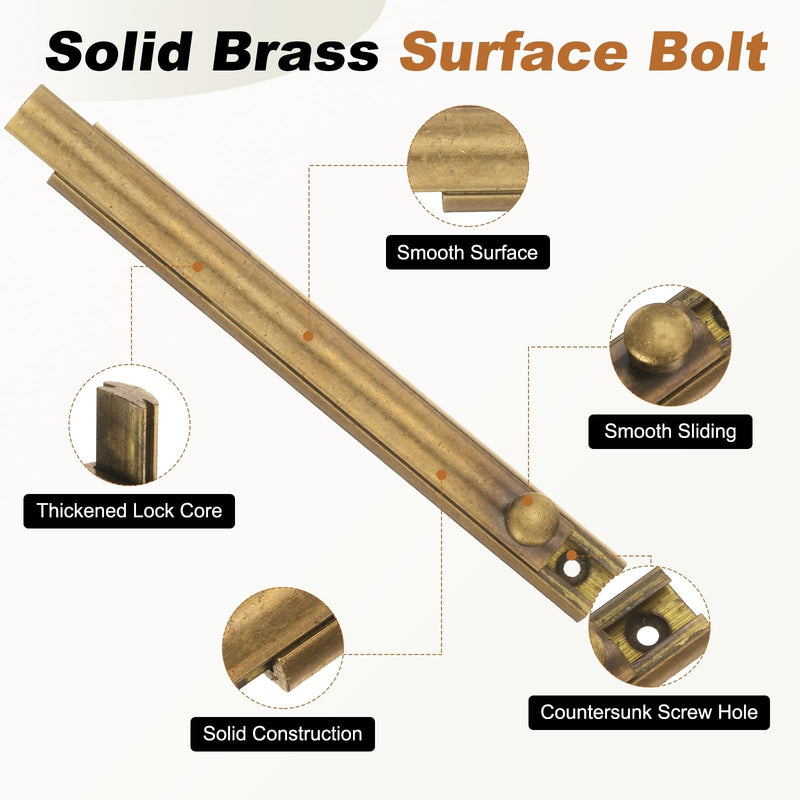 uxcell 2Pcs 6" Solid Brass Surface Bolt, Concealed Security Slide Latch Door Lock with Screws, Polished French Door Lock for Closet Cabinet Recessed Doors, Bronze 6 Inch 2