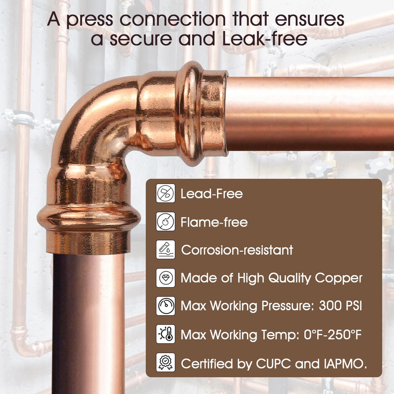 Copper Press Fittings 1/2inch Kit,6pk Copper Coupling&6pk 90 Elbow&3pk Tee 1/2"Press Coupling+1/2" 90° Elbow+1/2" Tee Copper 15