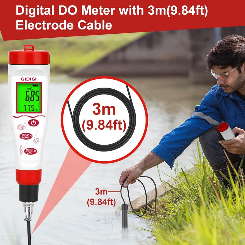 Dissolved Oxygen Meter, Digital DO Tester with ATC and Salt Compensation, Pond Dissolved Oxygen Tester with 9.84ft DO Probe Cable, Dissolved Oxygen Test Kit for Aquarium, Ponds, Fish Tank
