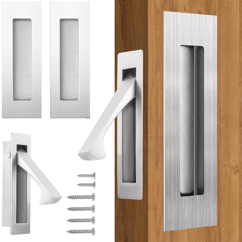 bealy Pocket Door Handles and Edge Pull Matte,Pocket Door Hardware Set, 6Inch Handles Hardware Latch,Recessed Finger Flush Pulls,for Closet,Sliding,Barn Door, 304 Stainless Steel,Brushed Nickel Brushed Nickel 1 Set（2 Recessed Pull Handle +1 Edge Handles）