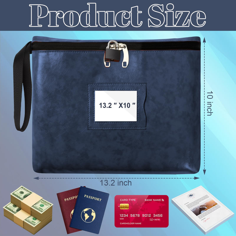 Blue Leather Notary Bag with Lock - 13.2 * 10 Inches, Cash Bag with Zipper and 2 Keys for Document and Passport Storage Blue