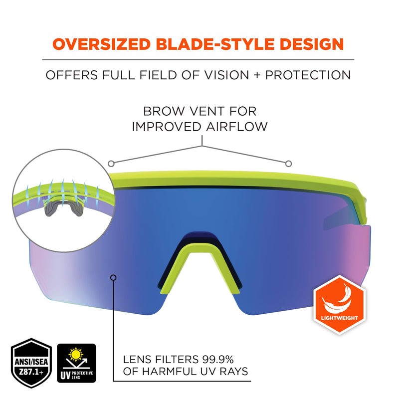 Ergodyne Skullerz AEGIR Safety Sunglasses, Mirrored Lens, ANSI z87.1 Lime Frame, Blue Mirror Lens