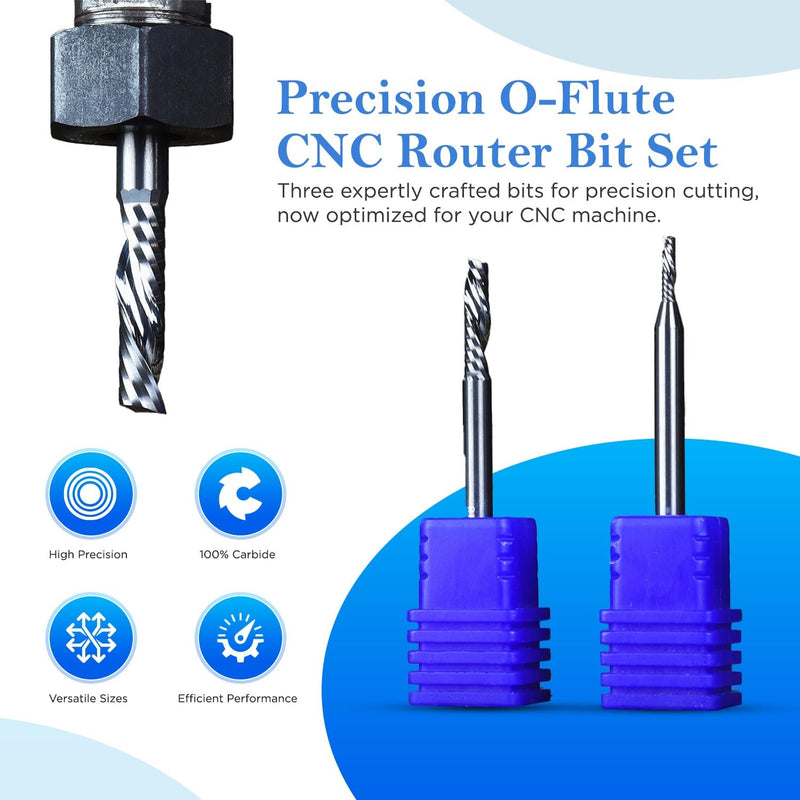 O-Flute CNC Router Endmill Bit Set for Acrylic, HDPE, ACM and Plastics - Includes 1/4", 1/8" [Premium], 1/16" O-Flute Bits - 100% Carbide, Precision Cutting, Ideal for Plastics - 1/4" & 1/8" Shanks