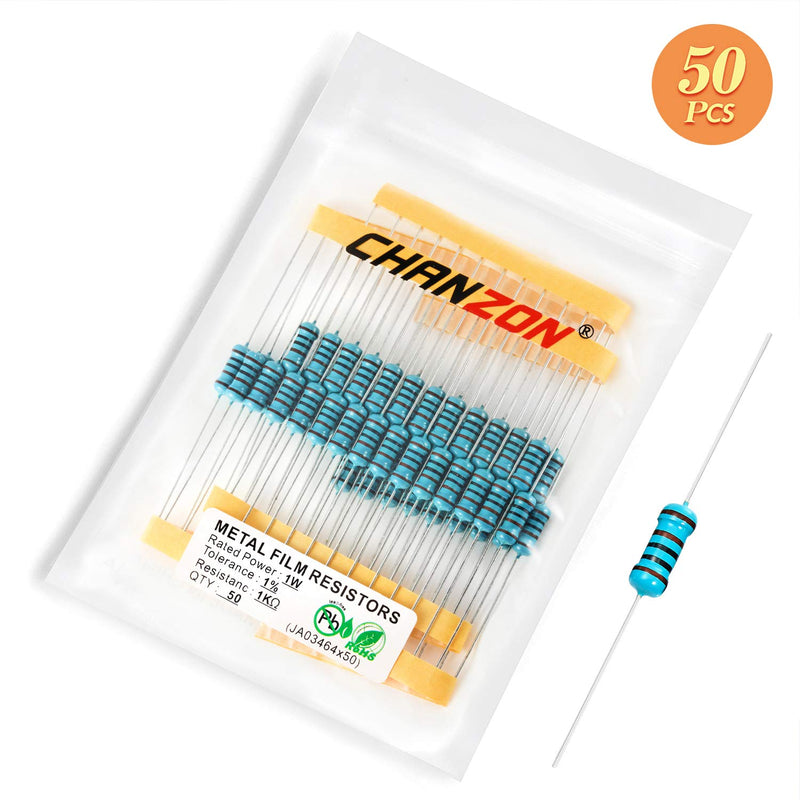 Chanzon 50pcs 1W 1K Ω ohm Metal Film Fixed Resistor 0.01 ±1% Tolerance 1KR MF Through Hole Resistors Current Limiting Rohs Certificated [1ZC20] 1K ohm