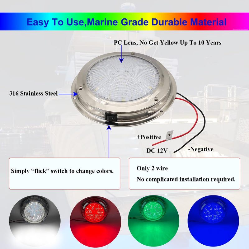 Marine Boat Dome Lights, 5.5 Inch RGBW LED Boat Cabin Light with Toggle Switch, 12V Interior Lights with Stainless Steel Surface Mount