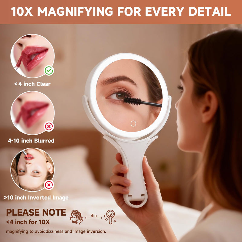 Hasipu Portable Travel Makeup Mirror with Lights – 360° Rotating with 1X/10X Magnifying, Rechargeable Tabletop Handhold Hanging 3 in 1 Mirror (White) White