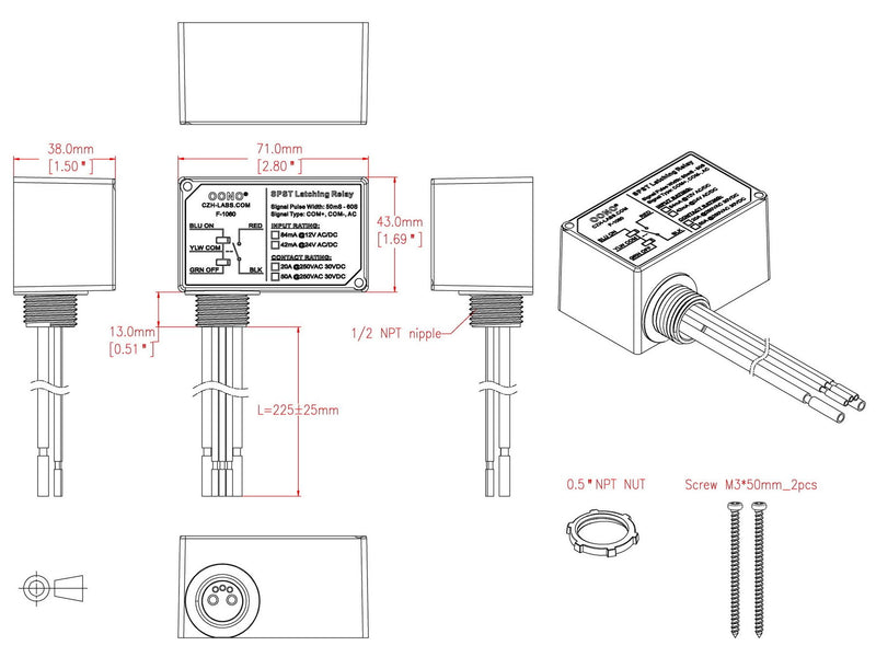 AC/DC 24V SPST 20Amp 250Vac/30Vdc Latching Relay Module, Plastic Enclosure Wired, OONO F-1060 AC/DC 24V