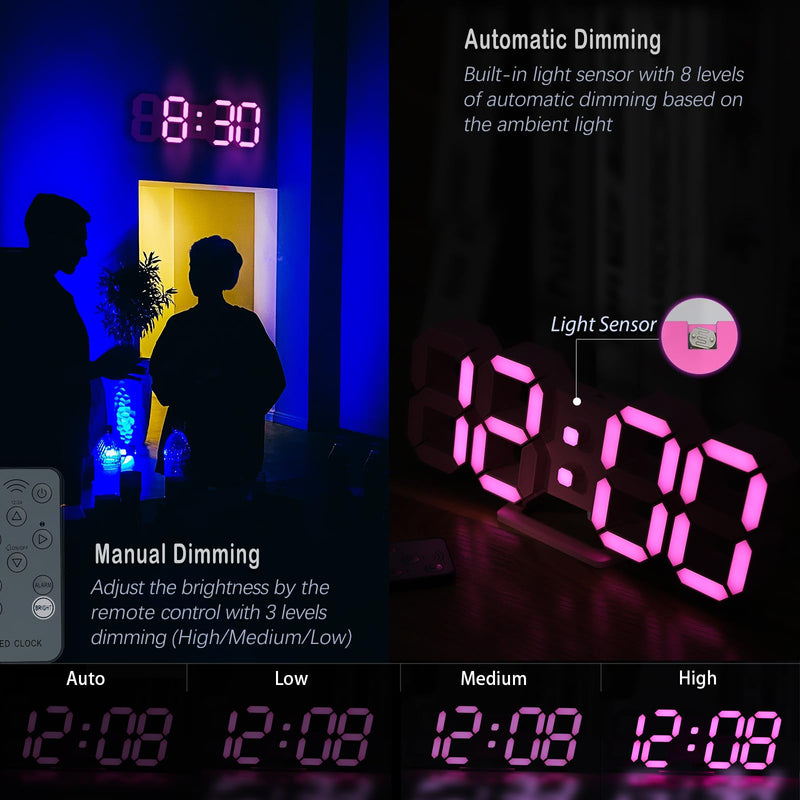 KOSUMOSU Pink LED Clock 3D Wall Clock 9.7" Table Clock for Living Room Modern Digital Clock for Bedroom Aesthetic Bedside Desk Clock with Remote/Dimming/12/24H/Temp/Alarm Clock/Date 9.7in Pink Clock-pink Light