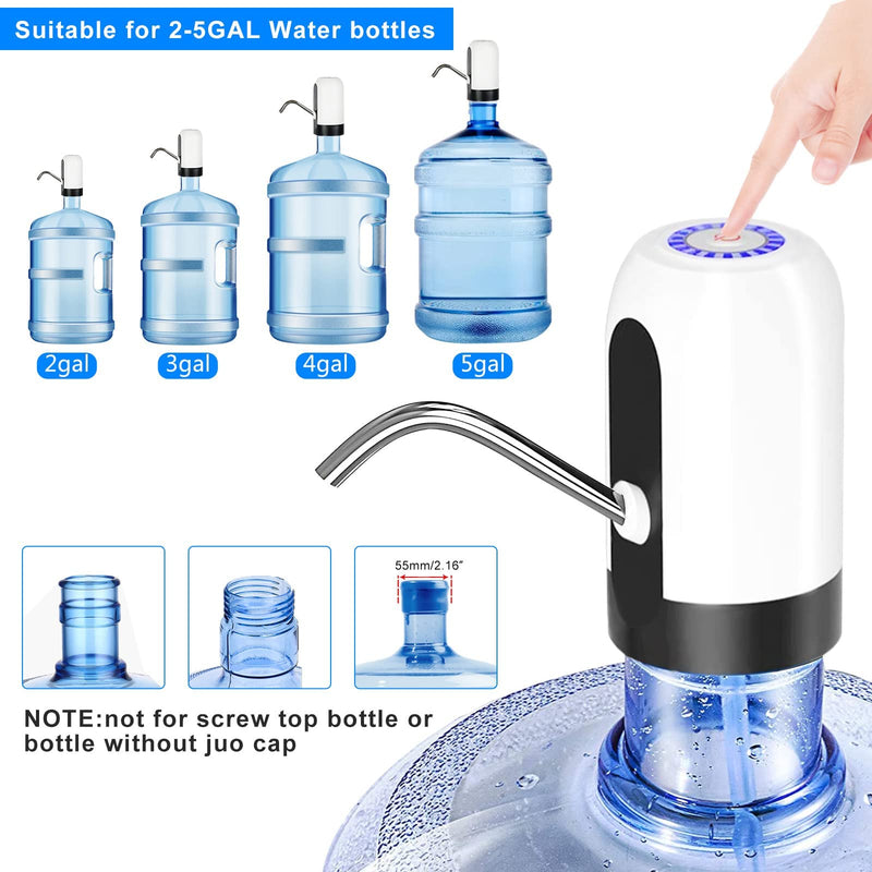 Water Bottle Pump 5 Gallon Electric Drinking Water Pump Portable Water Dispenser USB Charging Water Bottle Pump Water Bottle for Universal 2-5 Gallon Bottle White