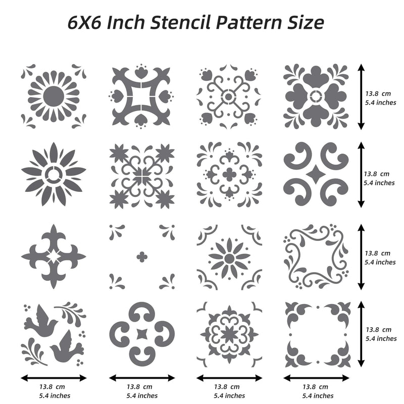 16 Pack Tile Stencil Set (6X6 Inch), Mexican Stencil Pattern, Use As Floor Stencils Or Wall Stencils, Reusable Stencils for Painting Floor Furniture Canvas, DIY Mexican Talavera Home Décor 6 X 6 Inch