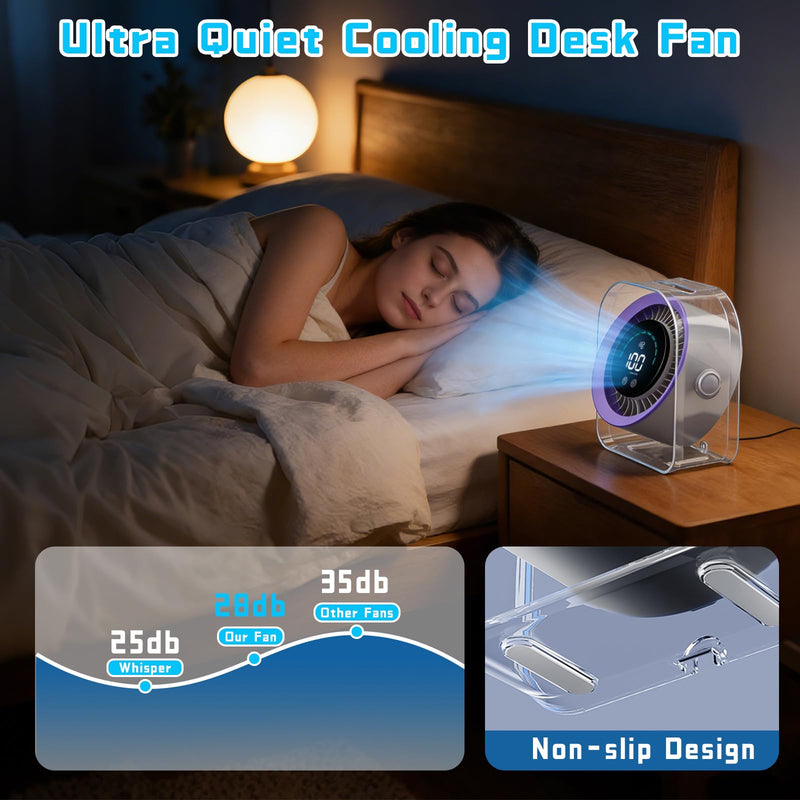 FOWSEEK Portable Small Desk Fan, 100 Speeds, 360° Adjustable, LED Display Grey