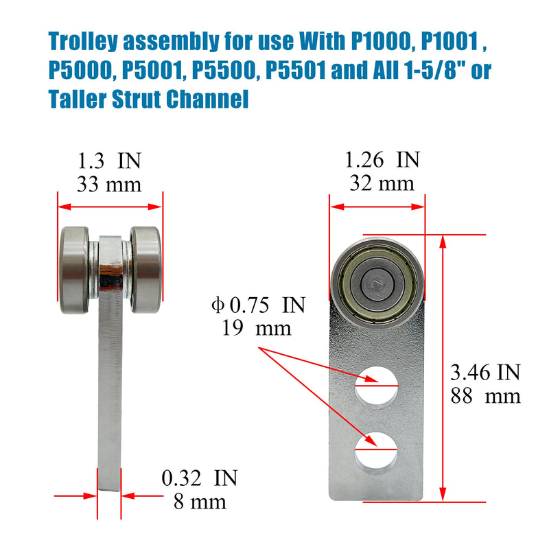 2 Wheel Trolley Assembly Rollers, Two Bearing Trolley Assembly for 1-5/8" Wide and All 1-5/8" or Taller Strut Channel, Trolley Roller Garage Pulley System Hoist System (2 PCS) 2 PCS