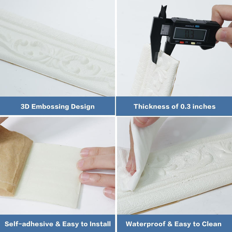 WADILE 90" x 3.1" Peel Stick Foam Molding Trim Self Adhesive, Crown Molding Wallpaper Border Flexible, 3D Wall Edging Lines Foam Baseboard, Wall Trim for Home, White, 4PC 4 PCS
