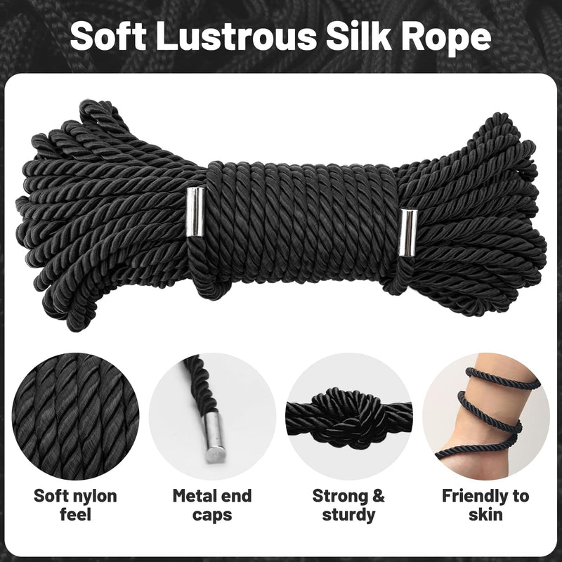 KINGLAKE Soft Silk Rope,7MM Black Rope,Skin Friendly Soft Nylon Rope,Long Satin Silk Cord,50 Feet Thick Silk Rope,Twisted Braided Rope Cord for Crafts Decoration Hanging Clotheslines Camping Outdoor