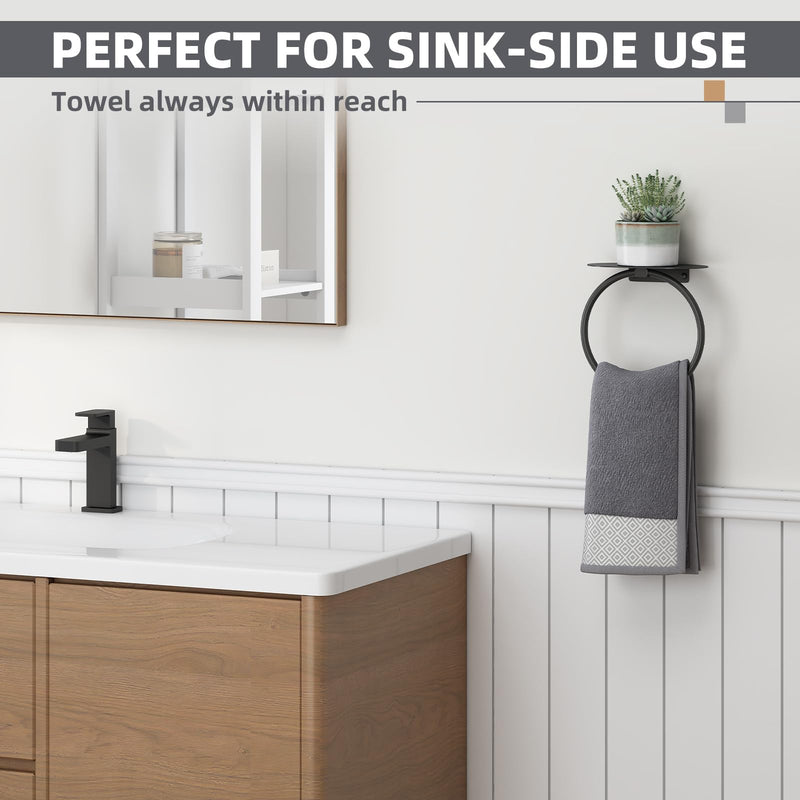 Aomasi Matte Black Bathroom Towel Ring with Shelf, Solid Stainless Steel Wall Mounted Towel Holder