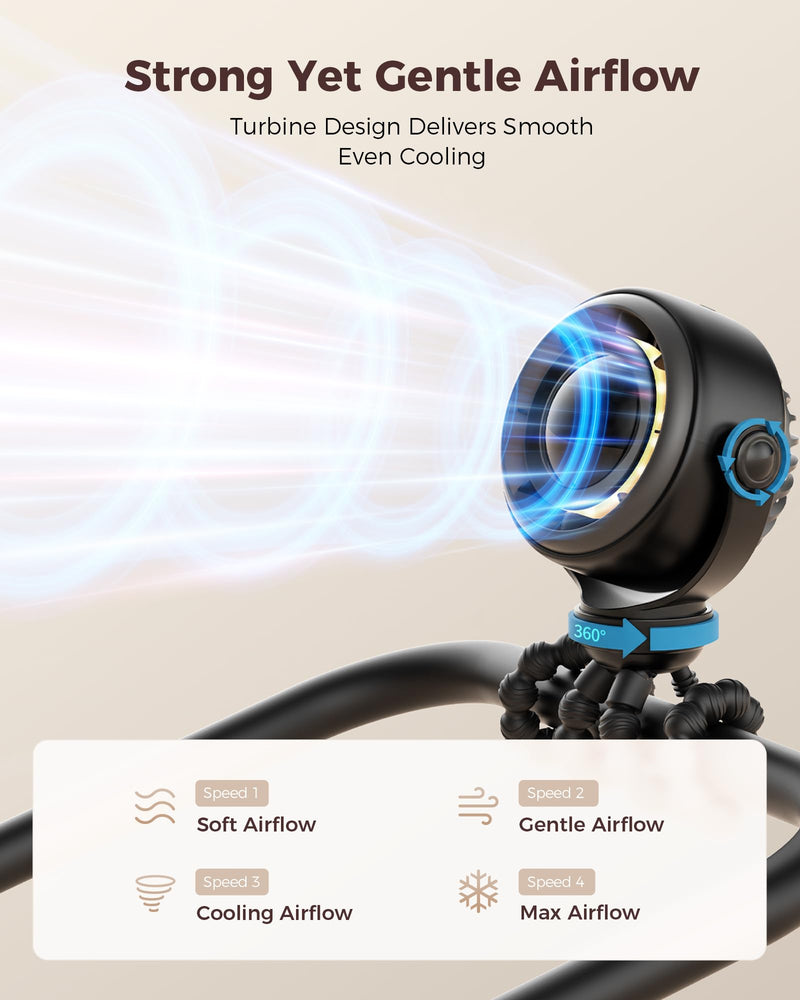 SWEETFULL Baby Stroller Fan - 4000mAh Rechargeable 4-Speed Quiet with LED Display & Night Light, Mini Portable 360° Clip On Safe Fan for Car Seat, Crib, Travel - Black