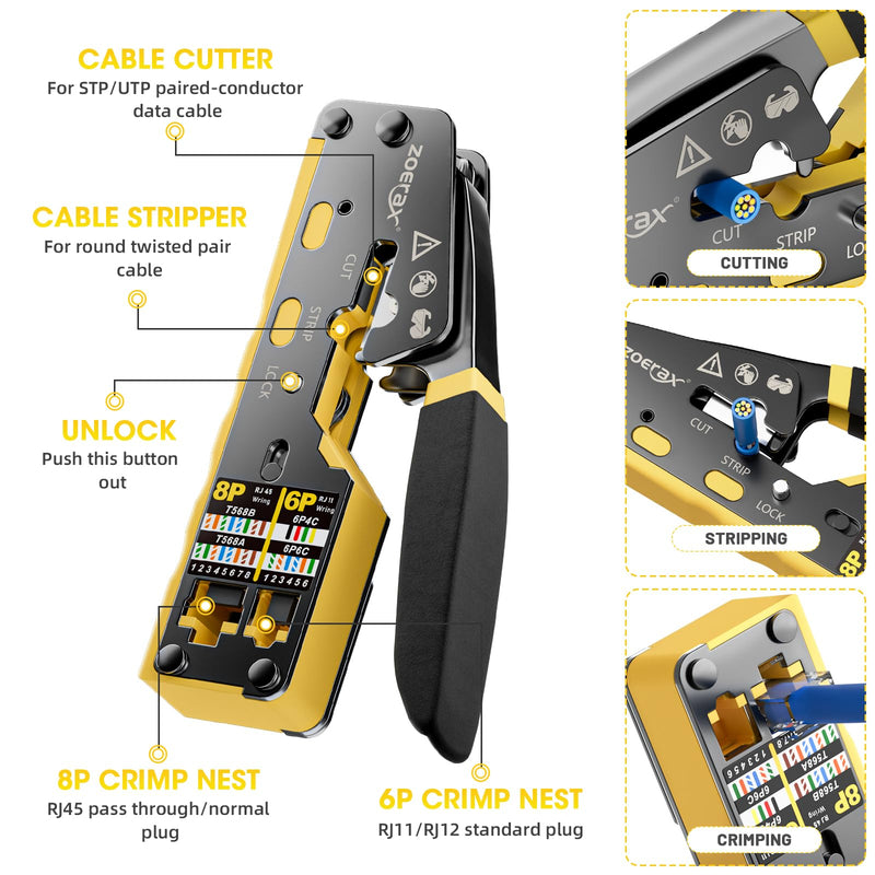 RJ45 Crimping Tool Ethernet Crimp Tool Crimper for RJ11/RJ12 Standard, RJ45 Pass Through Connectors, Yellow