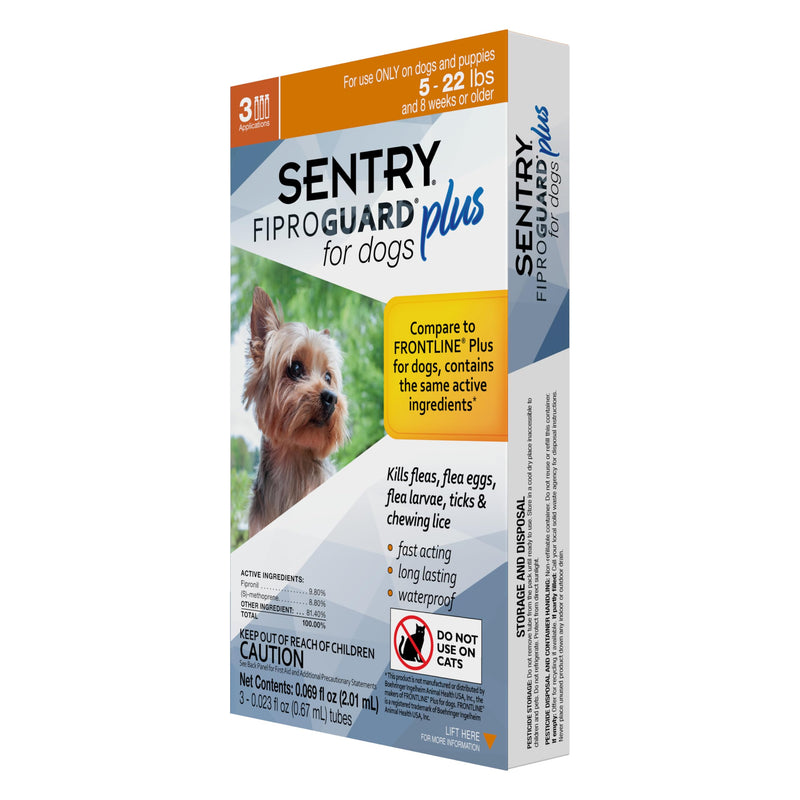 Sentry Fiproguard Plus for Dogs, Flea and Tick Prevention for Dogs (5-22 Pounds), Includes 3 Month Supply of Topical Flea Treatments 5-22 Pounds