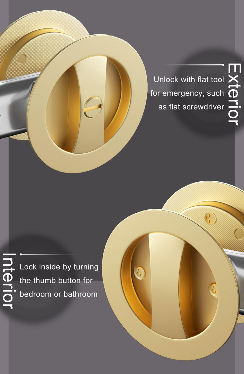 goldenwarm Brushed Nickel Round Pocket Door Lock, Pocket Door Hardware for 2-1/8'' Round Bore Hole, Pocket Door Handles Fit 1-1/4'' to 2'' Thickness Sliding Door 2-3/8'' Latch 1 Pack Classic 1 Pack Brushed Gold