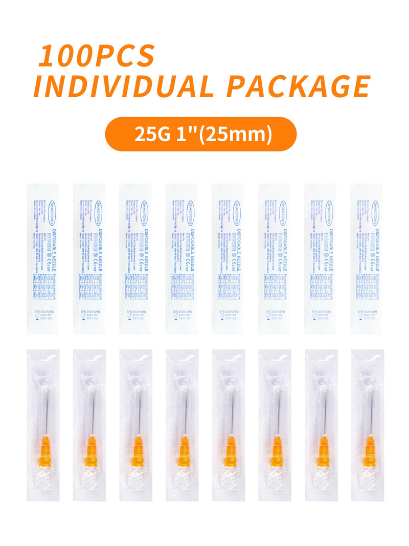 100Pack 25 Gauge 1 Inch Disposable Luer Lock Accessories, Individually Wrapped 25 G-1”-25mm 100