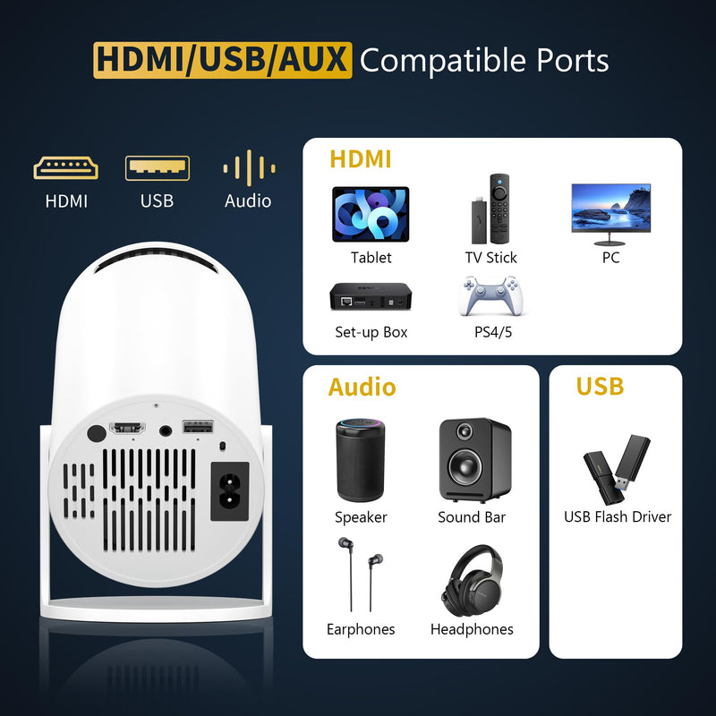 Mini Projector Portable Proyector 4K Support, Full HD 1080P Small Projector with 270° Rotatable Stand, Movie Projector Compatible with TV Stick/Smartphone/HDMI/USB for Bedroom/ Outdoor Camping White