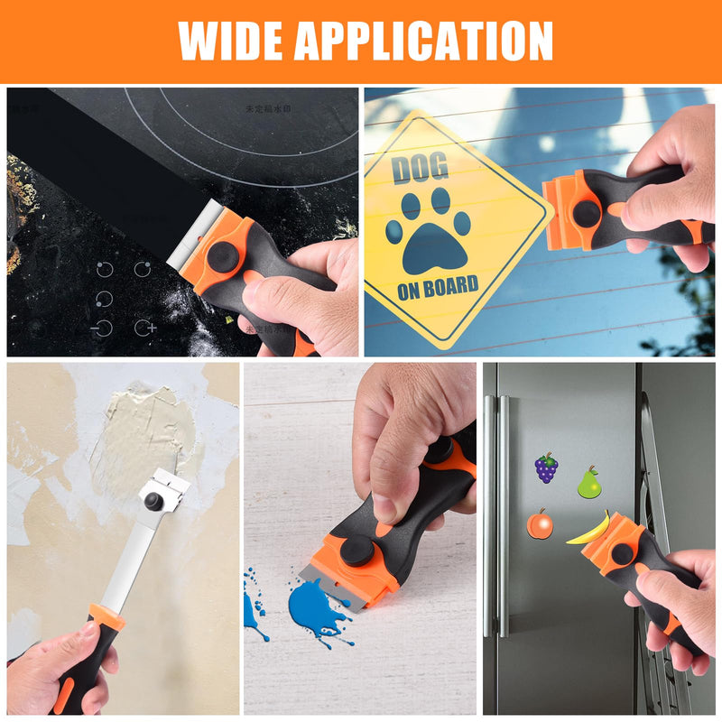 3 Pack Razor Blade Scraper, Premium Cleaning Scraper Tool with 60 PCS Metal & Plastic Razor Blades, Multi-Purpose Glass Scraper for Windows, Sticker, Decals, Cooktop, Paint Removal (Orange) Orange
