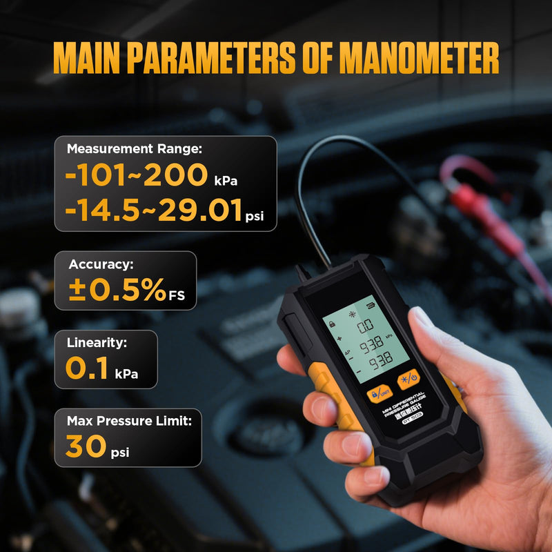 PT503 Manometer Gas Pressure Tester,Dual-Port HVAC Digital Manometer with Range of -100 to 200 KPa, 6 Units, Data Retention, 7Adapters PT503