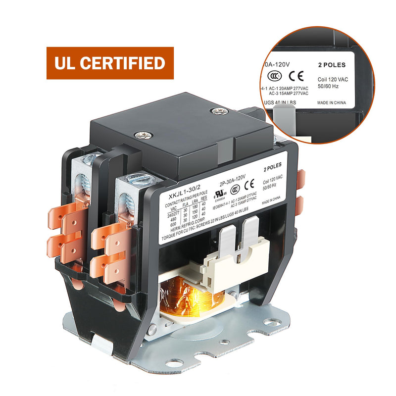 Dreyoo 1 Pack Carrier HVAC Motor Contactor, 120V 30 Amp Coil 2 Pole Replacement Relays Compatible with C230B, Air Conditioner, Heat Pump, Refrigeration Systems