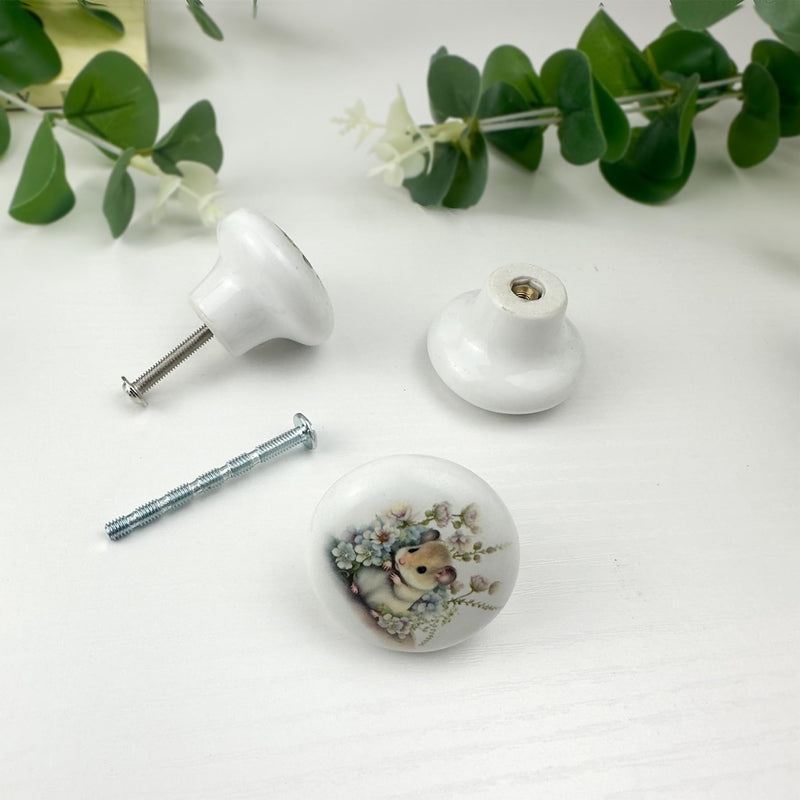 8Pack1.5 Hamsters with Flower Ceramics Knob Handle Cute Animal Kids Nursery Cabinet Dresser Drawers Pulls and Knobs