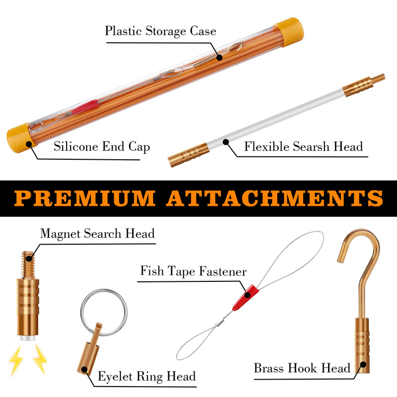KOOTANS 22FT Fiberglass Electrical Wire Running Kit Wire Fishing Tools Fish Tape Wire Puller Through Wall Cable Snake Fish Rods Kit with Different Attachments