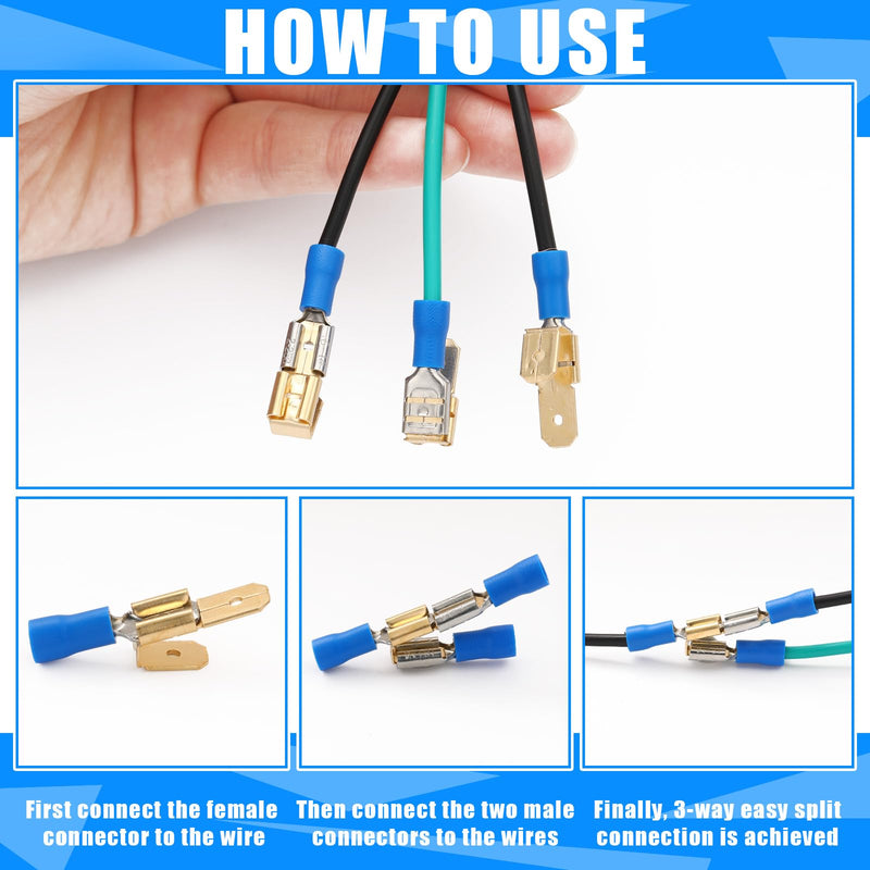 25 Pcs Piggyback Spade Connectors, 3 Way Adapter Dual Male to Single Female Brass Quick Disconnect Connectors Piggyback Terminals Crimp Terminals Assortment Kit, Unisulated 25