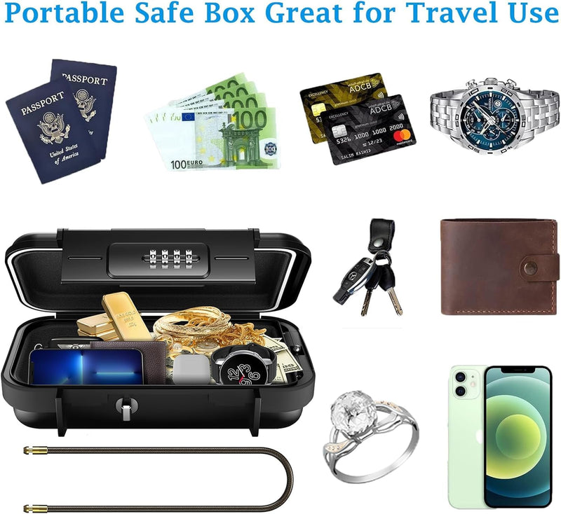 AMIR Portable Safe Box for Travel, Combination Security Case LockBox with Code, Waterproof Anti-Theft Mini Travel Safe Box with Removable Chain, Portable Lock Box for Car Hotel Personal Items Safe Black