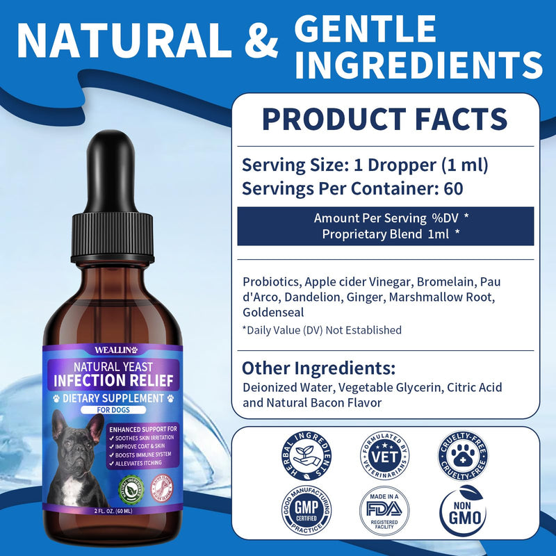 Natural Yeast Infection Treatment for Dogs | Probiotic-Powered Drops with 8-Herbal Blend | Supports Skin, Ears, Allergy Relief | Dog Yeast Infection Treatment Oral Supplement | Bacon-Flavored-2PC 4 FL OZ