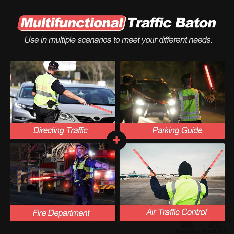 RoadHero 4 Pack Traffic Wand, 21 Inch Led Traffic Control Baton, Safety Light Wands with 2 Flashing Modes, Air Marshaling Signal Wand with Side Clip for Airport, Parking, Car Directing Red