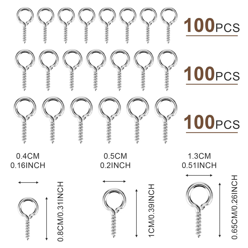 300 Pcs Screw Eye Pins 3 Sizes Small Screw Threaded Eye Pin Hooks Mini Stainless Steel Eyelet Screws Hooks for Jewelry Making DIY Art Craft Indoor & Outdoor Use