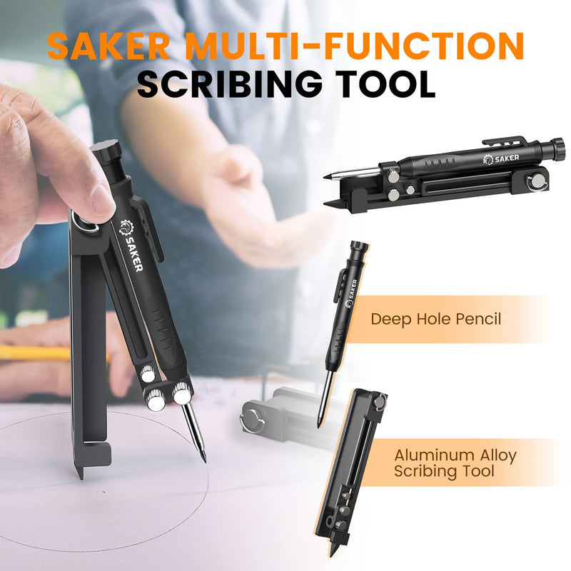 Saker Multi-function Scribing Tool- Construction Pencil- Aluminum Alloy Scribe Tool with Deep Hole Pencil,DIY Woodworking Scribe Gauge Scriber Line Maker Measuring Tool,Gifts For Men(BLACK)