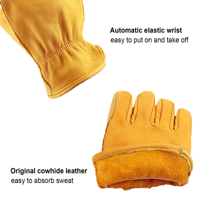 OZERO Leather Work Gloves for Men, Cowhide Gardening Gloves with Reinforced Palm, Flexible Keystone Thumb, Elastic Wrist Gold(3 Pairs) Medium (Pack of 3)