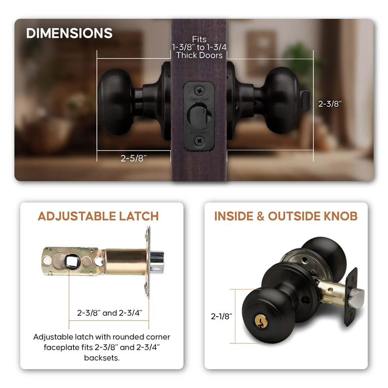Copper Creek Colonial Entry Door Knob – Keyed Entry Handle with Lock and Key, ANSI Grade-3 Certified, DIY-Friendly Install for Interior and Exterior Entrance Doors – Matte Black (3 Pack) 3 Pack