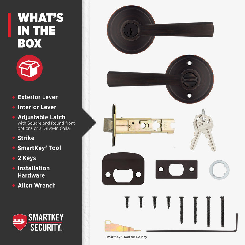 Kwikset Trafford Entry Door Handle with Lock and Key, Secure Keyed Reversible Lever Exterior, for Front Entrance and Bedrooms, Venetian Bronze, Pick Resistant Smartkey Rekey Security and Microban Keyed Entry