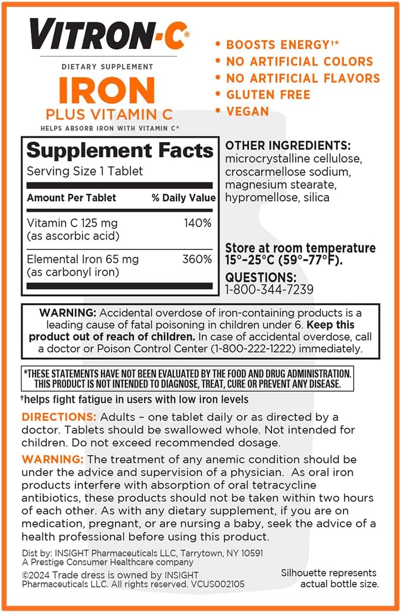 Vitron-C High Potency Iron Supplement with 125 mg Vitamin C, Dye Free, Vegan, Gluten Free, 60 Count