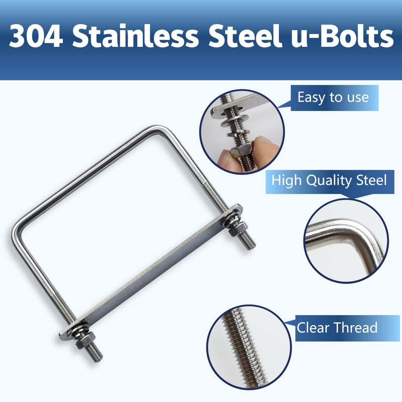 8 Pcs M10 Square U Bolts 6 Inch Wide, 3/8" x 6"W x 5-1/8"L M10 x 6"W x 5-1/8"L 8