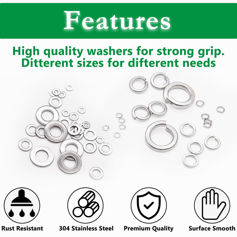 1000PCS Flat Washer and Spring Lock Washers Assortment Kit, 304 Stainless Flat Washers for Screws, 9 Metric Sizes Washers for Bolts -M2,M2.5,M3,M4,M5,M6,M8,M10,M12, Lock Washer Set M2 -M12 (1000PCS)
