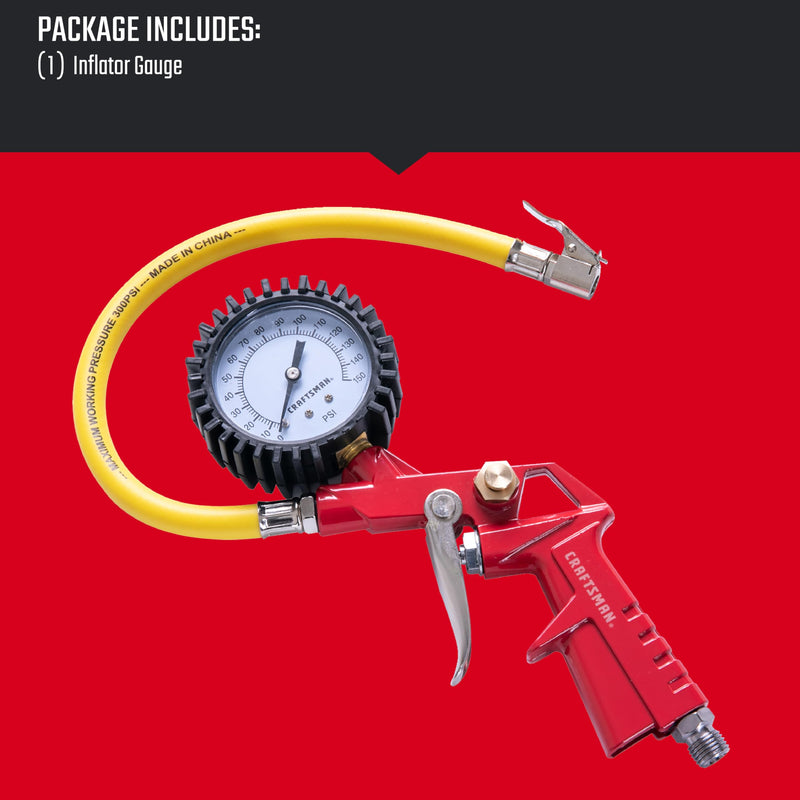 CRAFTSMAN Inflator Gun, 0-150 PSI, 3-in-1 Multi-Function Gauge, Air Chuck and Relief Valve, Cold-Resistant 12-in Inflation Hose, Versatile Attachments, and 1/4-in NPS Male Threads