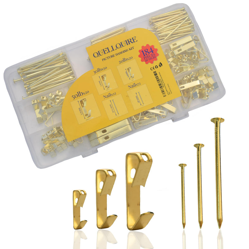 184-Pieces Picture Hanging Kit – Includes 20lb, 30lb, and 50lb Wall Picture Hangers with Metal Hooks and Nails for Drywall, Wood Walls and More