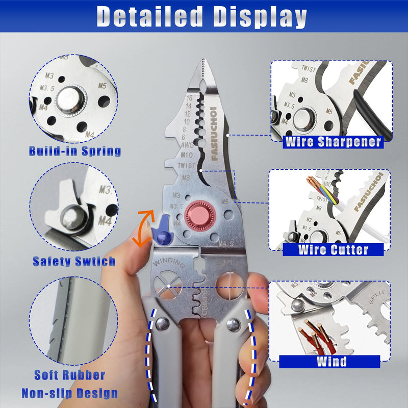 Wire Stripper Tool, Multi-function Wire Strippers Electrical, 9-in-1 Wire Cutter Wire Crimper, Adjustable AWG 6-16 Wire Stripping Tool, Wire Crimping Tool, Comfortable Grip and Refined Craftsmanship