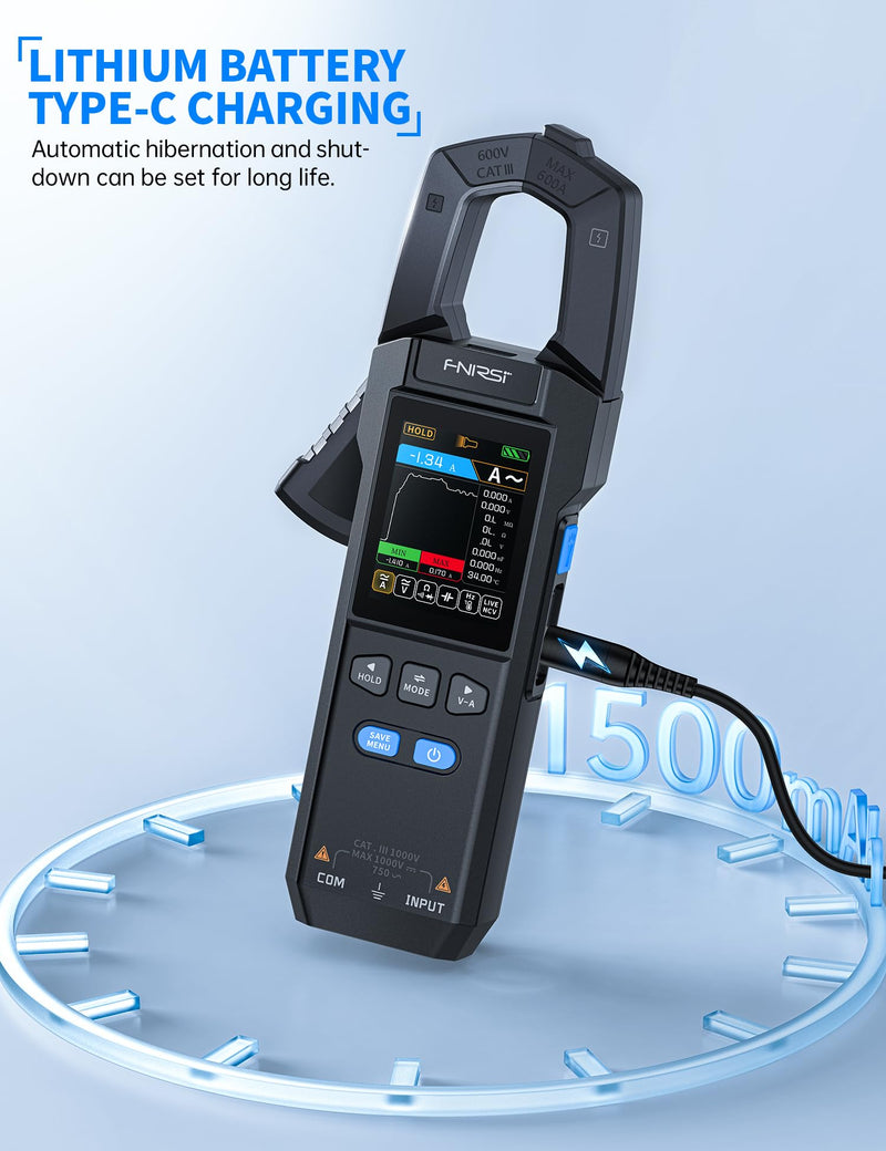FNIRSI DMC-100 Digital Clamp Meter Multimeter 10000 Counts, Voltage Amp Tester 600A with Flashlight, AC/DC Voltage, AC/DC Current, Capacitance, Resistance, Continuity, Diode, Temperature, NCV
