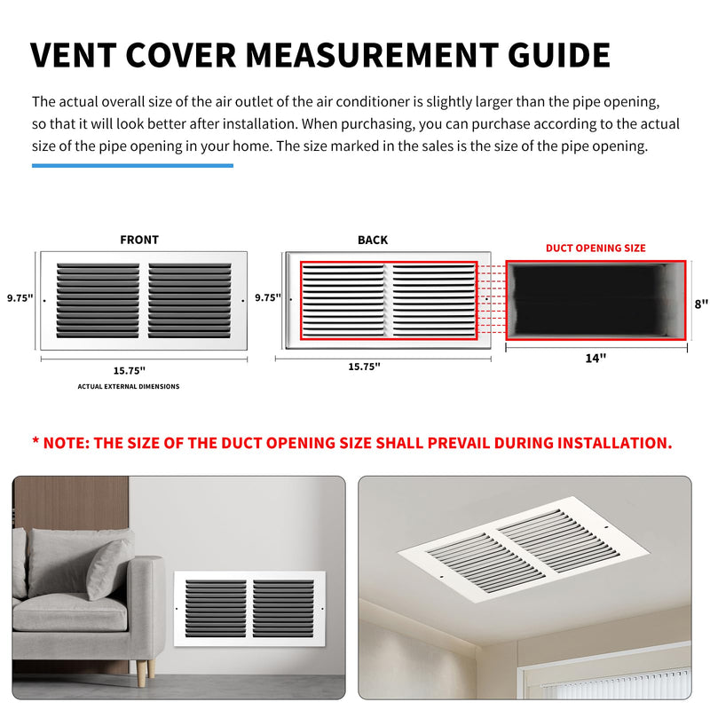 14x8 Vent Cover(Duct Opening Size),Air Return Vent Cover,Flat Vent Cover,Rejillas De Aire Acondicionado para Casa,Return Air Grilles,Outer Dimensions:15.75"Wx9.75"H(14"W x 8"H, Duct Opening) 14"W x 8"H, Duct Opening