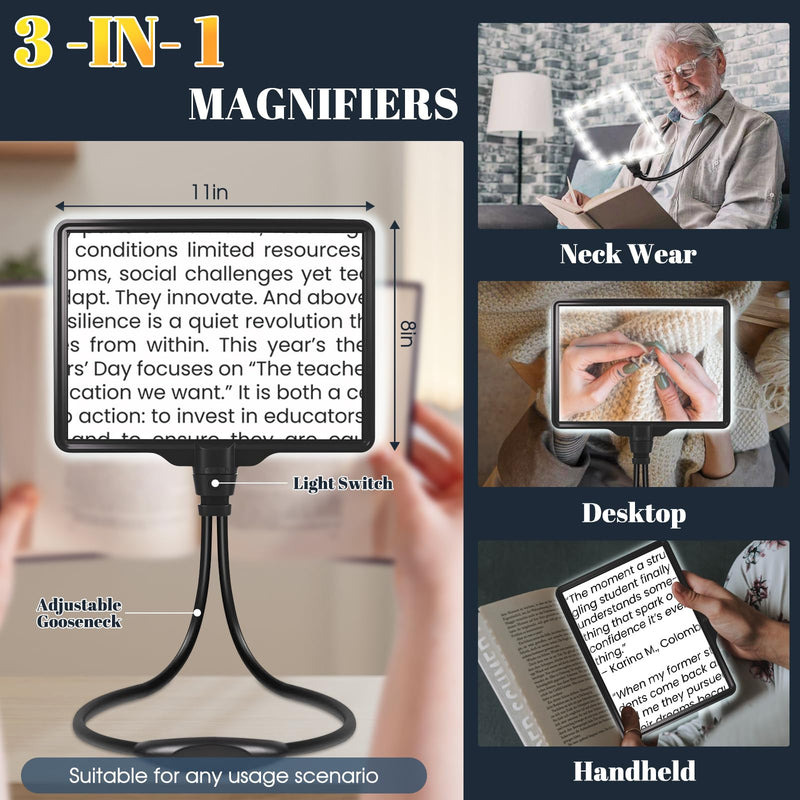 Extra Large 10X Magnifying Glass with Light Hands Free, 3600mAh Rechargeable Full Page Magnifier with Bag, 6 Color Modes 106 LEDs, Neck Wear Magnifier for Reading, Crafts, Sewing, Low Vision & Seniors